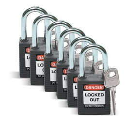 SFTY PADLOCK STEEL 38MM SHA BLACK 6/PAC BRADY