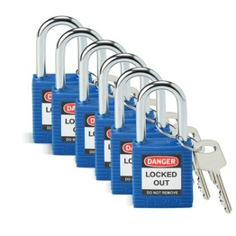 SFTY PADLOCK STEEL 38MM SHA BLUE 6/PAC BRADY